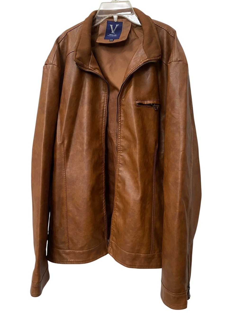 Caramel Brown Faux Leather Zip-Front Jacket Mens size 2XL